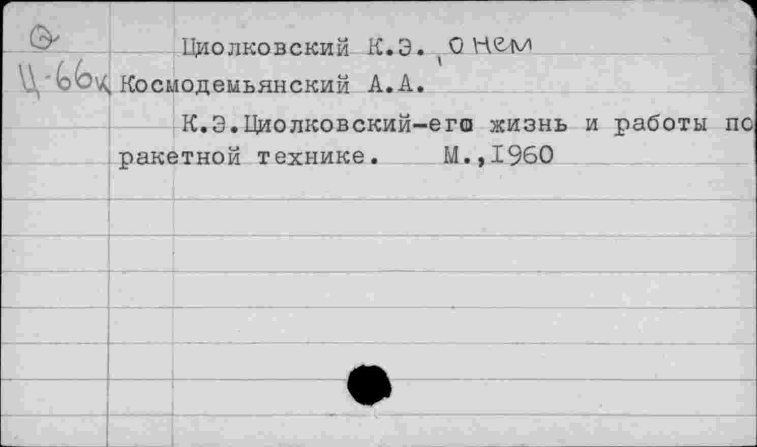 ﻿Циолковский К.Э. (О Космодемьянский А.А.
К.Э.Циолковский-егш жизнь ракетной технике. М.,1960
работы по